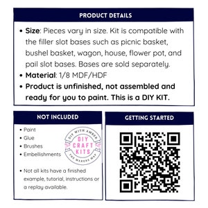 May include: A product details sheet for a DIY craft kit. The sheet includes a list of items not included in the kit, such as paint, glue, brushes, and embellishments. It also includes a QR code for getting started with the kit. The sheet is titled "DIY Craft Kits" and features a logo with the text "DIY With Amber The Makers Map".