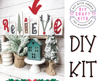 Believe Word Block Wide Shelf Sitter Sign DIY Kit Unfinished Wood Blank craft Ready to Paint Decor Christmas Festive Reindeer Tree ck0414