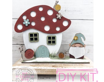 Mushroom House Wood DIY Kit | Adult Crafting | Nature Decor Craft | Paint at Home Shelf Sitter | Tabletop Shelf Decor Gnome Craft Kit