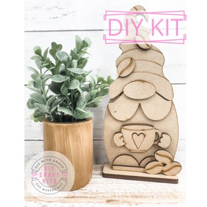 Standing Coffee Gnome DIY Kit | Kitchen Coffee Bar Decor | Unfinished Wood Blank | Gnome Holding Coffee Mug | Coffee Lover Home Decor Craft