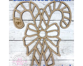 May include: A blank wood outline of a candy cane and bow design. The candy cane is 6 inches or 12 inches in size. The text "Blank Wood Outline" is at the top, and "6 inch or 12 inch" is at the bottom.