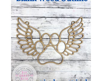 May include: A blank wood outline in the shape of a paw print with angel wings. The craft kit is available in 6-inch or 12-inch sizes. The text "Blank Wood Outline" is at the top of the image.