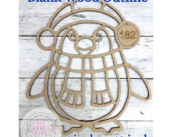 Unfinished Style 182 Penguin Laser Cut Wood Outline Frame Blank DIY | Winter Penguin Sun Catcher Resin Decor Faux Stained Crushed Glass