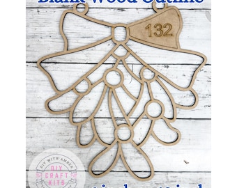 Unfinished Style 132 Mistletoe  with Bow Laser Cut Wood Outline Blank DIY Christmas Suncatcher Resin Crushed Glass Decor Faux Stained Glass