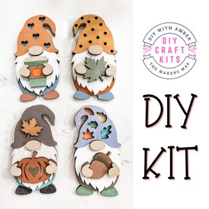 4 Mini Fall Gnomes DIY Craft Kit Unfinished Wood blanks Thanksgiving Harvest Autumn Acorn Pumpkin Spice leaf