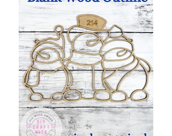 May include: A blank wood outline of three snowmen, with the text "Blank Wood Outline" at the top. The snowmen have hats and scarves. The text "6 inch or 12 inch" is at the bottom. The snowmen have the number "214" on their hats.