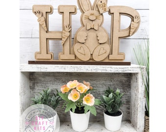 HOP Easter DIY Kit | Easter Bunny Whimsical Decor | Rabbit Spring Craft Kit | Unfinished Wood Blank Love | Paint Your Own Decor