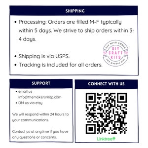 Op de afbeelding: Een witte en blauwe grafiek met de tekst "SHIPPING" en informatie over het verwerken en verzenden van bestellingen. De grafiek bevat ook de tekst "SUPPORT" met contactgegevens en een QR-code met de tekst "CONNECT WITH US" en "Linktree*"