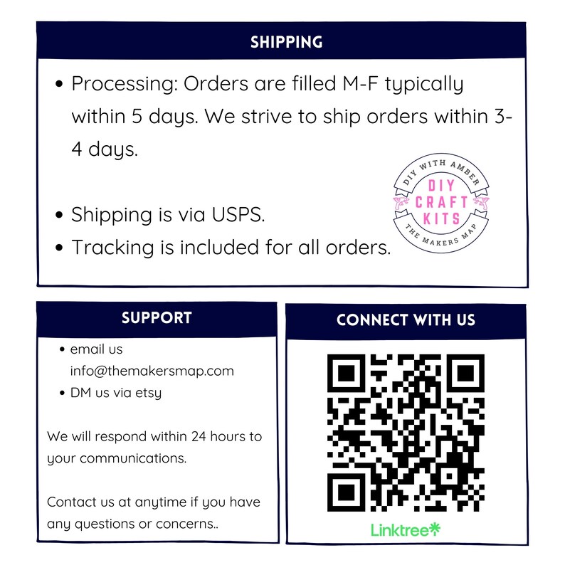 Op de afbeelding: Een witte en blauwe grafiek met de tekst "SHIPPING" en informatie over het verwerken en verzenden van bestellingen. De grafiek bevat ook de tekst "SUPPORT" met contactgegevens en een QR-code met de tekst "CONNECT WITH US" en "Linktree*"