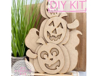 Stacked Jack O’Lanterns & Ghosts DIY Kit | Halloween Shelf Sitter | Unfinished Wood Cutout | MDF Craft Blanks | Spooky Season Adult Crafting