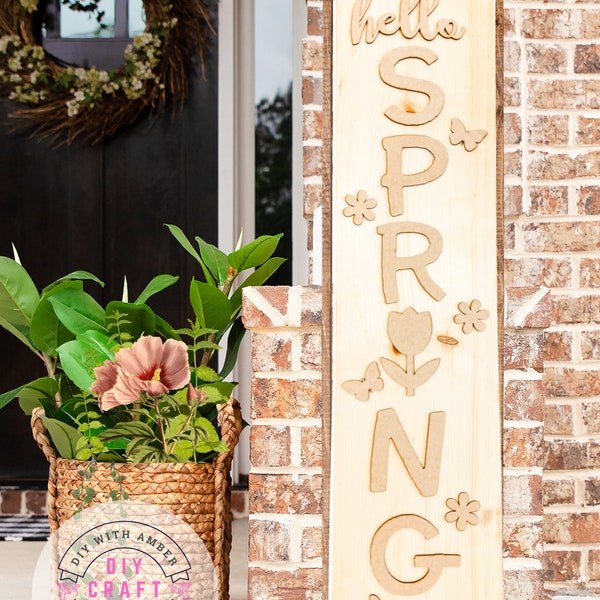 Hello Spring Porch leaner Add on Pieces DIY Craft Kit | Unfinished Wood Blank Leaning Sign, Front Door Butterfly, flowers, whimsy Fun