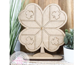St. Patricks Day Quilt Clover DIY Kit | Vintage Wood Craft | Shamrock Craft Kit | Geometric St Patty Decor | Unfinished Wood Blank