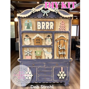 Mini Fancy Winter Kitchen Hutch DIY Craft Kit | Decorative Wooden Cabinet | Shelf Sitter Seasonal Decor | Miniature Doll House Furniture