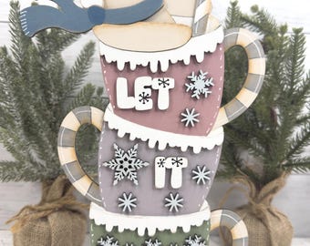 Let it Snow Stacked Cups Shelf Sitter DIY Kit | Unfinished Laser Cut Wood Craft | Holiday Decor | Seasonal Adult Craft