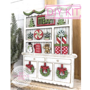 Mini Christmas Kitchen Hutch DIY Craft Kit | Decorative Wooden Cabinet | Shelf Sitter Festive Holiday Decor Miniature