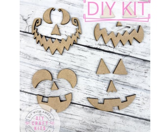 Jack O Lantern Pumpkin Face Wood Cutouts DIY Craft Kit | Set of 4 Unfinished MDF Faces | Halloween Craft Supplies for Blanks, Signs & Decor