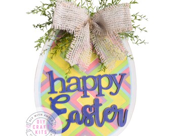 Happy Easter Egg Door Hanger Sign DIY Kit | Large 15 inch Egg Wood Cut Out Sign Craft Kit | Wood Blank | Paint Your Own Easter ck0880