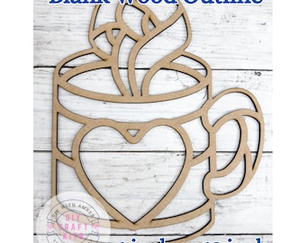 Unfinished Style 30 Coffee Cup Cut wood Outline Frame Blank DIY | Wood Flower Sun Catcher Resin Crushed Glass Decor Faux Stained Glass