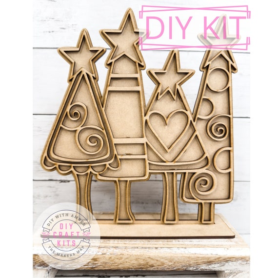 Whimsical Christmas Trees DIY Craft Kit | Wooden Farmhouse Rustic Xmas Trees | Winter Holiday Shelf Sitter | Paint Your Own Unfinished Wood