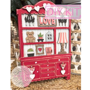 Mini Fancy Valentine&#39;s Day Kitchen Hutch DIY Craft Kit | Decorative Wooden Cabinet | Shelf Sitter Seasonal | Miniature Doll House Furniture