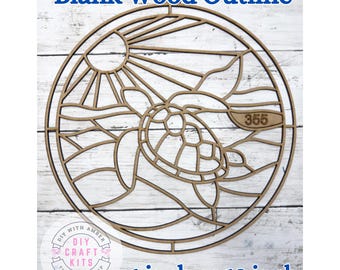 Unfinished Style 355 Round Sea Turtle Laser Cut Wood Outline Frame Blank DIY | Coastal Sun Catcher Resin Decor Faux Stained Crushed Glass