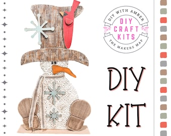 Primitive Chunky Snowman Shelf Sitter DIY Kit | Unfinished Wood Craft Blanks | Winter or Christmas with Stand Base Rustic