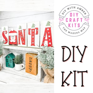 Wide SANTA Word Block Sign DIY Kit | Unfinished Wood Blank craft Shelf Sitter | Paint at Home Decor Christmas Festive Elf Hat