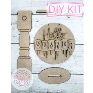 Hello Summer 5in Round Sign and Stand DIY Kit | Summer Decor Wall Art | Summer Sign Wreath Attachment | Popsicle | Wood Blank Craft Kit