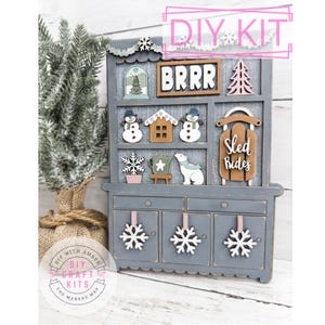 Mini Winter Kitchen Hutch DIY Craft Kit | Decorative Wooden Cabinet | Shelf Sitter Seasonal Decor | Miniature Doll House Furniture Decor