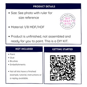Op de afbeelding: Productdetails voor een DIY-knutselset. De set bevat 1/8 inch MDF of HDF. De set is onafgewerkt en vereist verf, lijm, kwasten en versieringen. Een QR-code is inbegrepen om te beginnen.