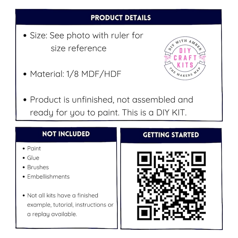 Op de afbeelding: Productdetails voor een DIY-knutselset. De set bevat 1/8 inch MDF of HDF. De set is onafgewerkt en vereist verf, lijm, kwasten en versieringen. Een QR-code is inbegrepen om te beginnen.