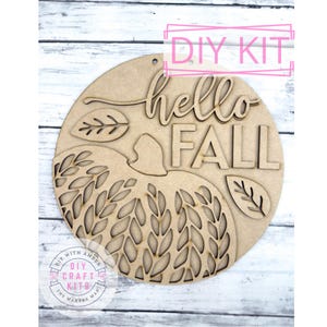 Hello Fall Patterned Pumpkin Sign DIY Craft Kit | 9 inch Round | Wooden Pumpkin Wreath Attachment | Autumn Harvest Boho Pumpkin Door Hanger