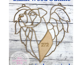 May include: A blank wood outline of a dog, with the text "Blank Wood Outline" at the top. The dog design includes a section with the number "272". The text "6 inch or 12 inch" is at the bottom. The logo "DIY WITH AMBER CRAFT KITS THE MAKERS MAP" is in the bottom left corner.