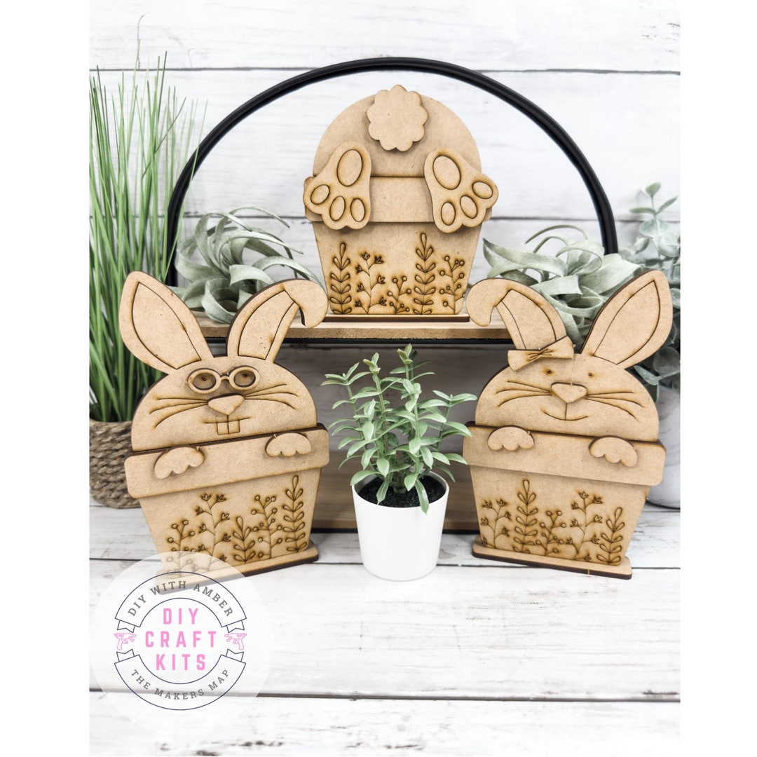Set of 3 Bunnies in Flower Pots DIY Kit Whimsy Easter Unfinished Wood ...