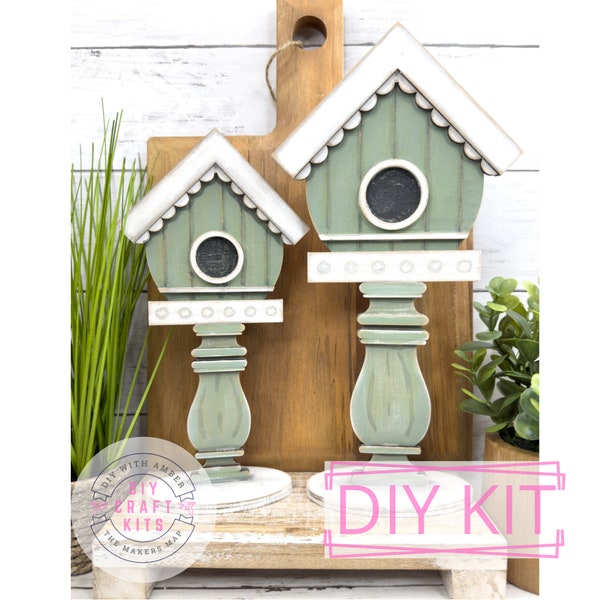 Pair Spindle Base Birdhouses DIY Kit | Spindle Craft Kit | Spring Decorative Birdhouse Pair | March Home Decor Kit | Wood Blank Craft