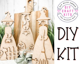 Good Witch Sisters Set of 3 DIY KIT shelf sitter | Unfinished Wood Craft Blanks |  | Halloween Home Decor