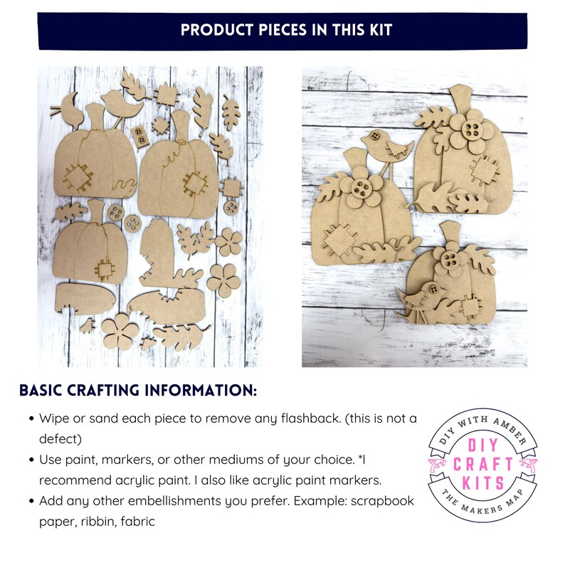 May include: A DIY craft kit featuring three unfinished wooden pumpkin decorations with birds, leaves, and flowers. The kit includes all the pieces needed to create a fall-themed craft project. The kit is labeled "DIY Craft Kits" with the text "The Makers Map" underneath.