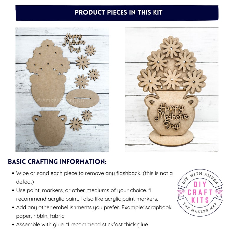 May include: A DIY craft kit for making a Mother's Day flower pot decoration. The kit includes a wooden flower pot, flowers, and a sign that says "Happy Mother's Day".