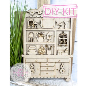 Mini Fancy Spring Kitchen Hutch DIY Craft Kit | Decorative Wooden Cabinet | Shelf Sitter Seasonal Decor | Miniature Doll House Furniture