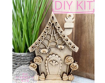 Little Spider Web Halloween House DIY Kit | Unfinished Wood Shelf Sitter | Haunted House with Ghost, Pumpkins & Spiders | Spooky Season