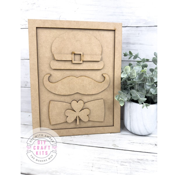 Framed Leprechaun Outline DIY Craft Kit | Top Hat Mustache Clover Bow Tie St Patricks Day Craft Kit | Unfinished Wood Blank | St Patty Day