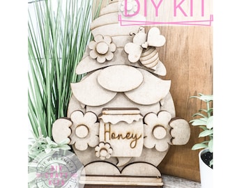 Standing Spring Gnome DIY Craft Kit | Honey Pot, Bumblebees | Unfinished Wood Blank
