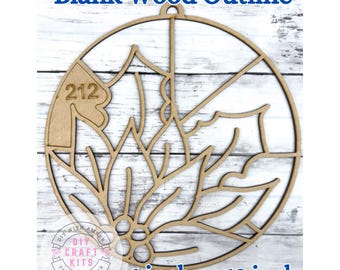 May include: A laser-cut wooden ornament in the shape of a holly leaf and berries, with the number 212. The ornament is a blank wood outline, with the text "Blank Wood-Outline" at the top and "6 inch or 12 inch" at the bottom.