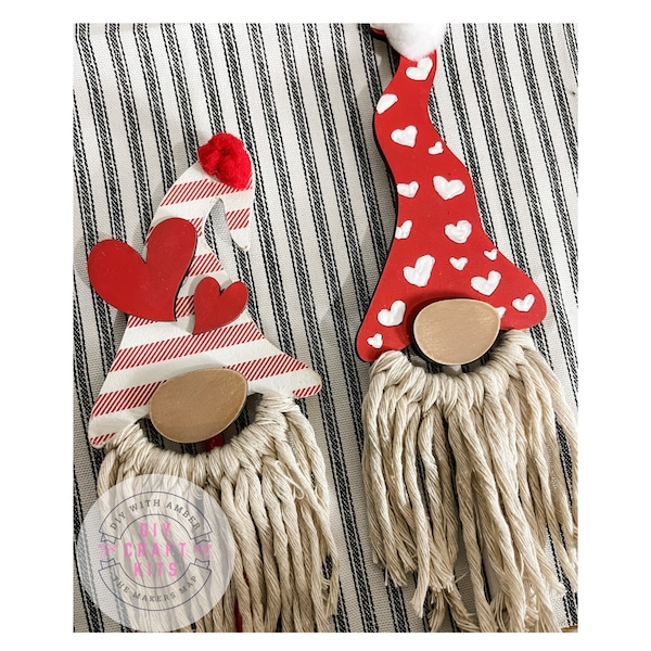 Valentine's Day Macrame Gnomes Pair DIY Kit | Valentine's Day Budget Kit | V Day Boho Craft | Unfinished Wood Blank | DIY Home Decor Idea