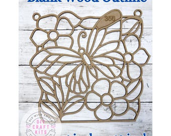 Unfinished Style 356 Square Flowers Butterfly Laser Cut Wood Outline Frame Blank DIY | Sun Catcher Resin Decor Faux Stained Crushed Glass