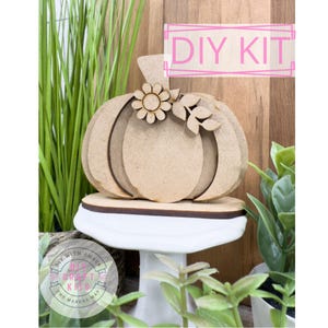 Little Pumpkin Shelf Sitter DIY Kit | Fall Pumpkin Unfinished Wood Craft | Autumn Tiered Tray Decor | Thanksgiving Paint Party Kit Made USA