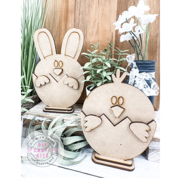 Little Bunny and Chick Pair DIY Kit | Spring Easter Unfinished Wood Blank Paint at Home Baby Chicken Rabbit | Kid's Easter Spring Craft Kit