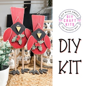 Standing Cardinals Pair Unfinished Wood Craft DIY Kit Blank Winter Christmas Shelf Sitter Mantle Decor Memorial Holly Berries