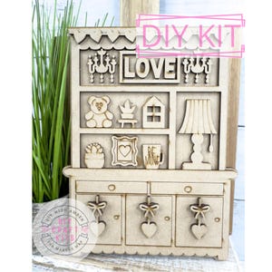 Mini Valentine&#39;s Day Kitchen Hutch DIY Craft Kit | Decorative Wooden Cabinet | Shelf Sitter Seasonal | Miniature Doll House Furniture