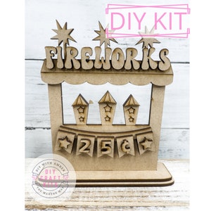 Little Fireworks Stand Wood Blank Craft Kit | Patriotic Firework Tiered Tray | Summer Decor | Tabletop Shelf Sitter | Paint Your Own